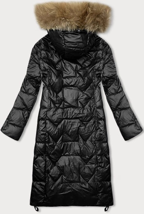 Czarna długa pikowana kurtka płaszczyk damski z kapturem