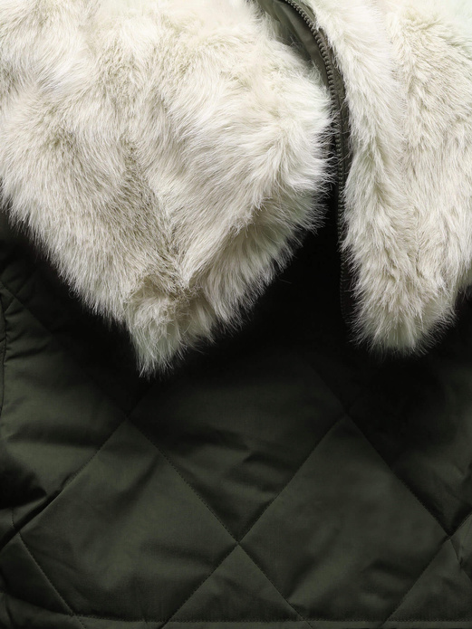 Army-beż damska zimowa pikowana kurtka płaszcz na futerku