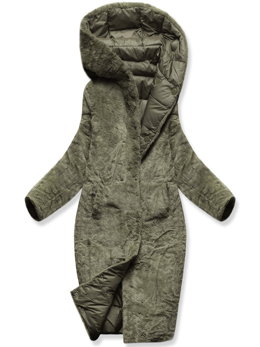 Khaki zimowa dwustronna ciepła kurtka na futerku