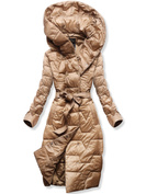 Karmelowy damski pikowany płaszcz zimowy z paskiem