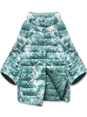 Miętowa trapezowa przejściowa kurtka z rękawami 3/4 dwustronna gładka / kwiaty na zatrzaski 