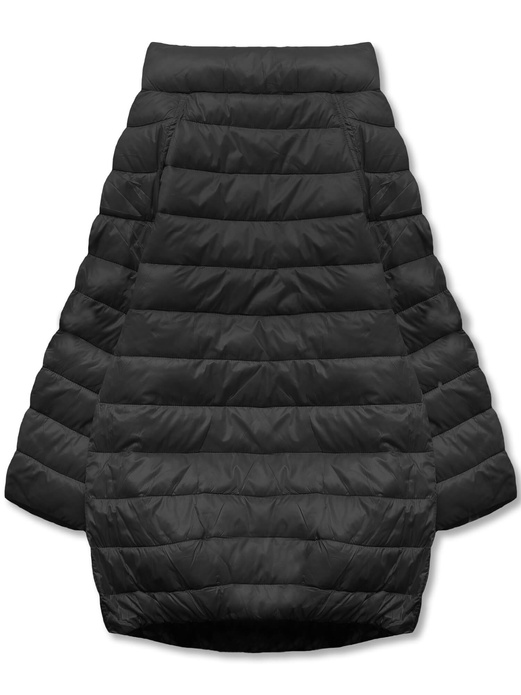 Czarna trapezowa przejściowa kurtka z rękawami 3/4 dwustronna gładka / kwiaty na zatrzaski