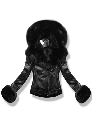 Czarna kurtka damska skórzana ramoneska z futrem