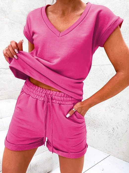 Różowy fenomenalny bawełniany letni komplet bluzka i spodenki