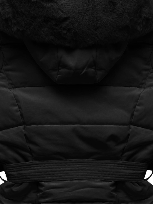 Czarna zimowa pikowana kurtka płaszczyk + futro