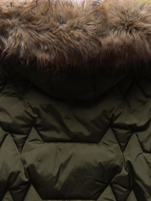 Khaki śliczna trapezowa pikowana zimowa damska kurtka z kapturem