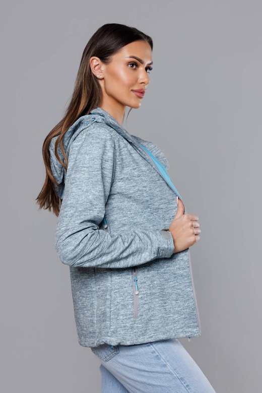 Szara melanżowa niebieska przejściowa sportowa kurtka softshell z odpinanym kapturem
