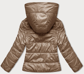 Karmelowa błyszcząca przejściowa pikowana kurtka z kapturem zapinana na suwak