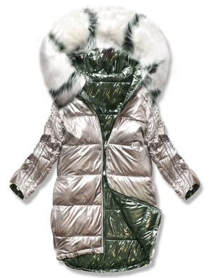 Khaki beżowa błyszcząca kurtka płaszczyk z kapturem