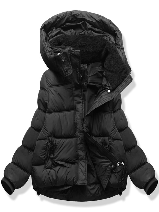 Czarna trapezowa pikowana zimowa damska kurtka z kapturem