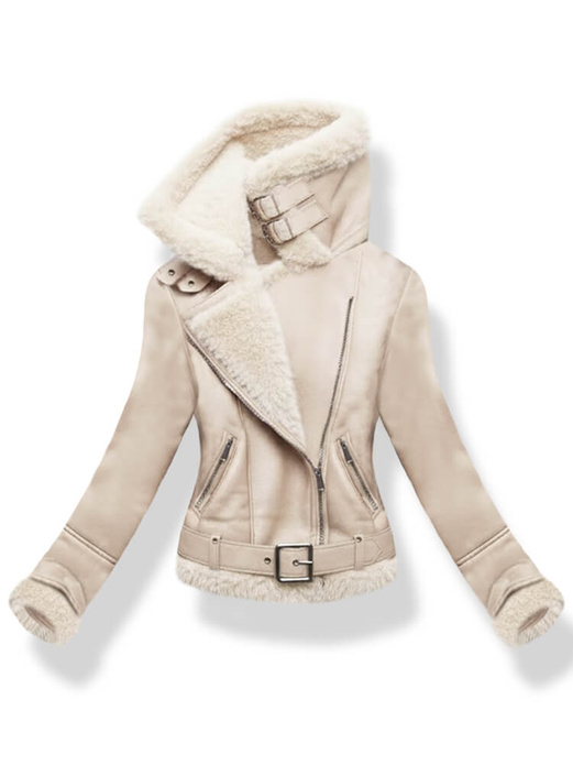 Beżowa skórzana damska krótka kurtka na beżowym futerku 