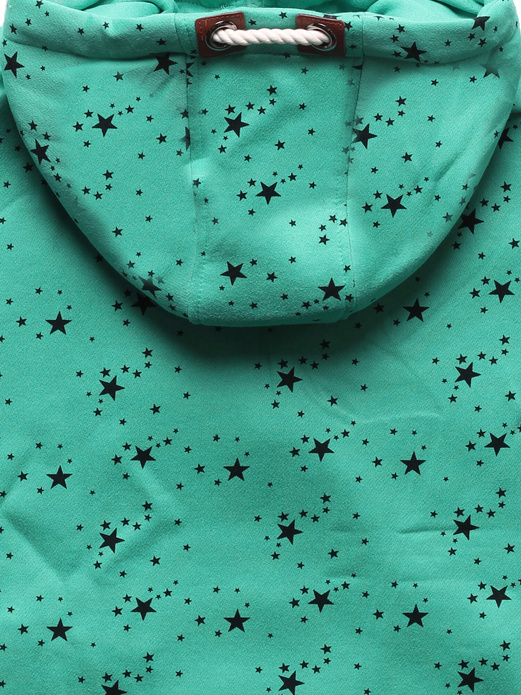 Zielona w gwiazdki bluza damska z kapturem zapinana na suwak