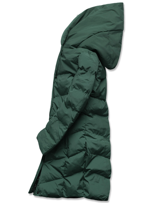 Ciemnozielona pikowana ocieplana misiem zimowa kurtka płaszczyk z kapturem