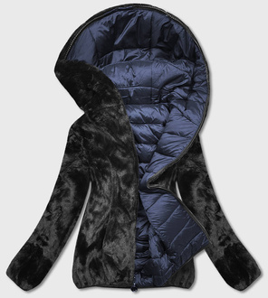 Granatowa dwustronna rewelacyjna zimowa pikowana kurtka na futrze 