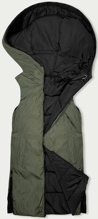 Czarno zielony długi dwustronny damski bezrękawnik kamizelka z kapturem