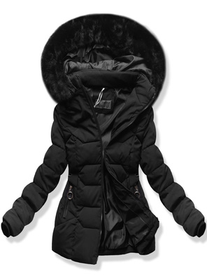 Czarna damska taliowana zimowa damska kurtka z kapturem