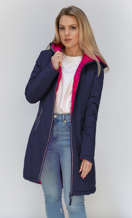 Granatowo-różowa przejściowa dwustronna damska kurtka z kapturem