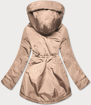 Beżowo biała przejściowa kurtka parka z kapturem