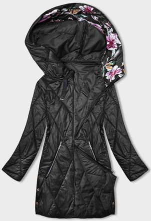 Czarna pikowana kurtka z kwiecistym kapturem PLUS SIZE  