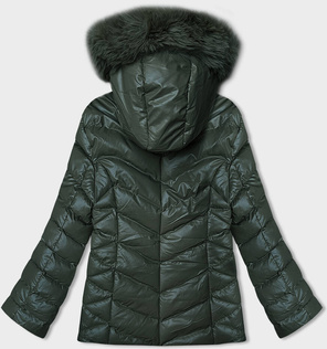 Ciemnozielona z bezowym futrem kurtka zimowa pikowana z kapturem