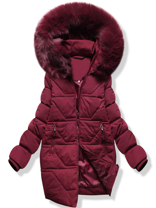 Bordowa zimowa ciepła kurtka pikowana z kapturem