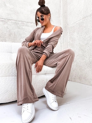 Cappuccino welurowy dres gładki komplet z szerokimi spodniami