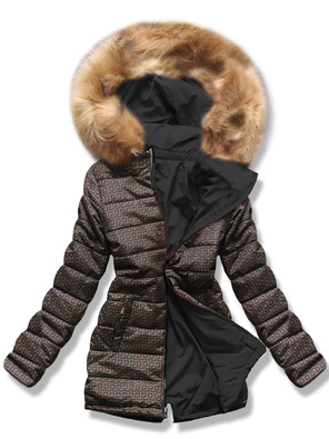 Czarno brązowa dwustronna damska kurtka pikowana z kapturem