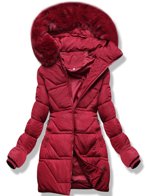 Bordowa pikowana zimowa damska kurtka płaszcz z kapturem