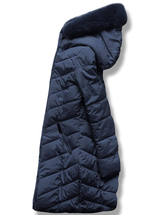 Granatowa długa wyszczuplająca pikowana kurtka w jodełkę z kapturem