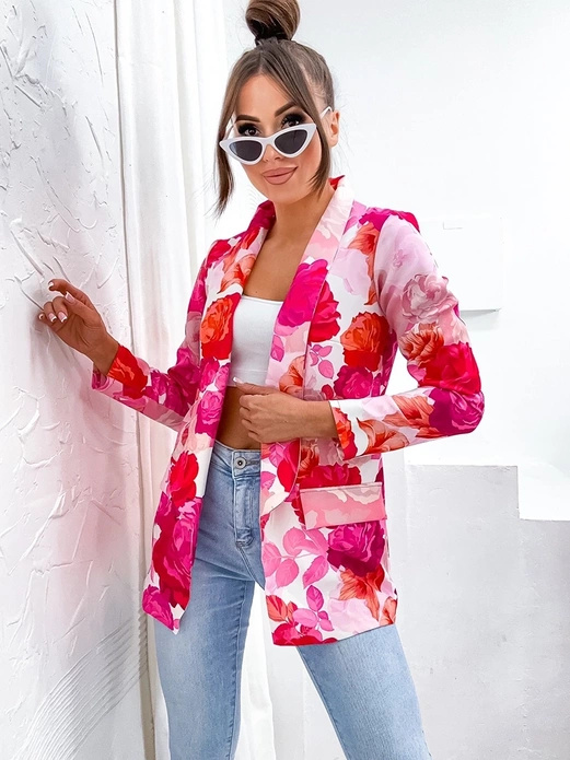 Różowa damska marynarka żakiet w kwiaty