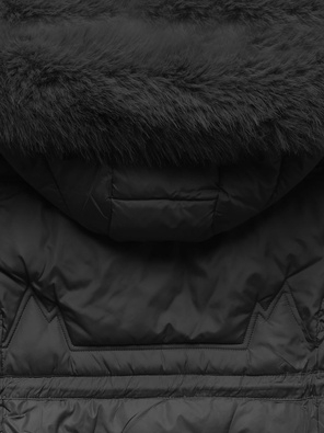 Czarna długa zimowa unikalnie pikowana damska kurtka z kapturem