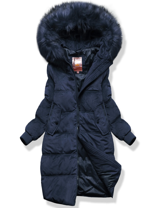 Granatowa długa zimowa sztruksowa damska kurtka z kapturem