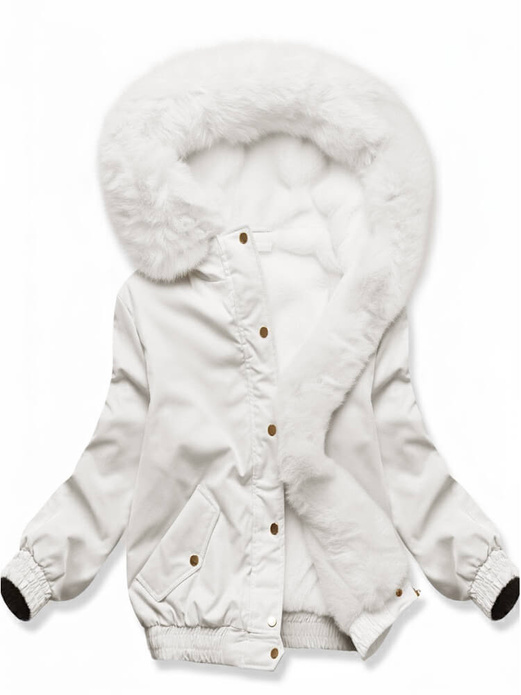 Ecru krótka damska zimowa kurtka na futrze