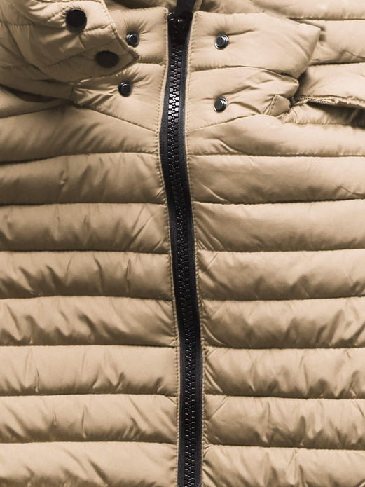 Piaskowa przejściowa długa pikowana kurtka płaszczyk z odpinanym kapturem