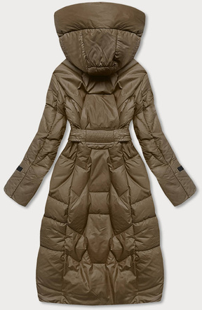 Oliwkowa zimowa długa puchowa kurtka płaszcz z kapturem
