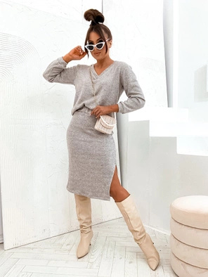 Szary melanż dzianinowy komplet damski bluzka i spódnica