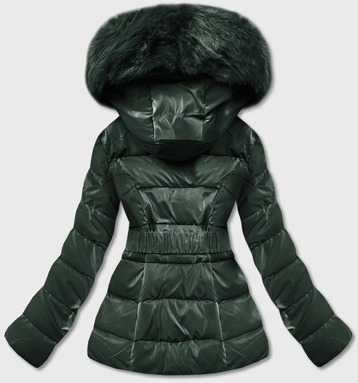 Zielona pikowana zimowa czadowa błyszcząca kurtka z futerkiem
