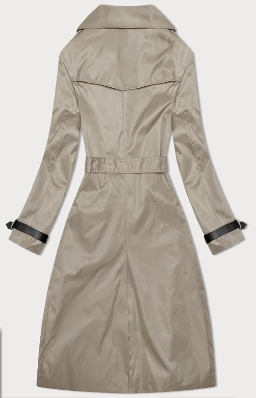 Ciemnobeżowy damski elegancki płaszcz trencz z modnym kołnierzem