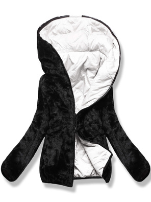 Czarno biała damska dwustronna kurtka zimowa na futrze