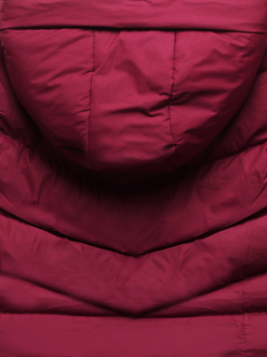 Bordowa zimowa kurtka z kapturem i kołnierzem płaszcz pikowany na suwak