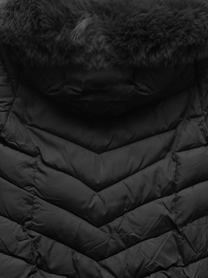 Czarna zimowa puchowa pikowana kurtka z futerkiem