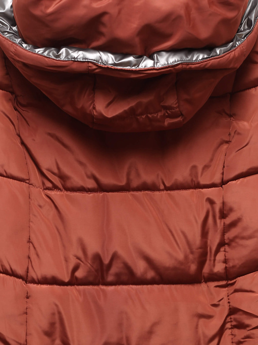 Ceglana długa pikowana zimowa kurtka płaszczyk z kapturem srebrna wstawka