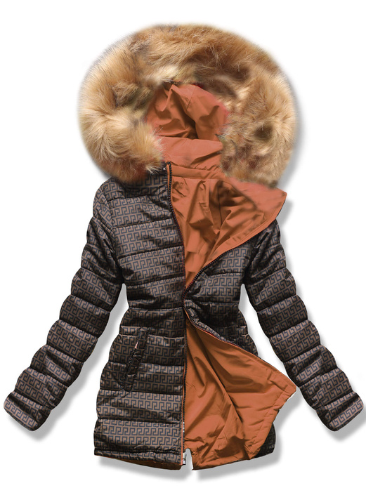 Pomarańczowo brązowa dwustronna damska kurtka pikowana z kapturem
