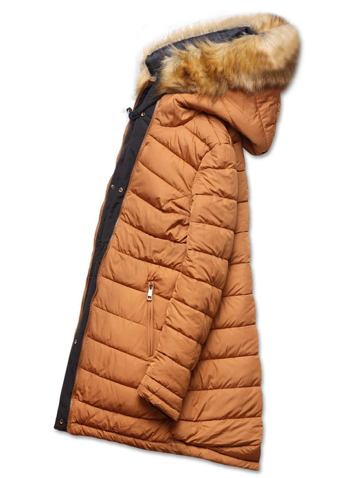 Czarno karmelowa długa dwustronna ciepła kurtka parka z kapturem z odpinanym futerkiem