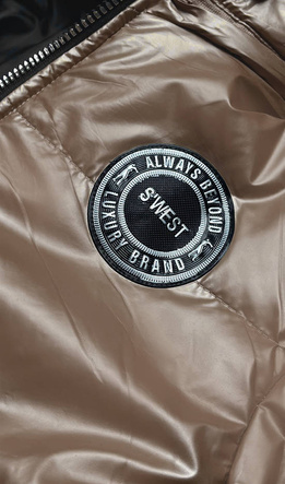 Ciemnobeżowa przejściowa damska długa kurtka damska z kapturem