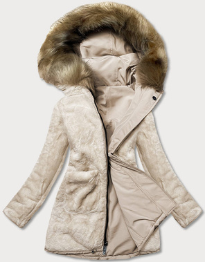 Beżowa dwustronna zimowa parka na futrze