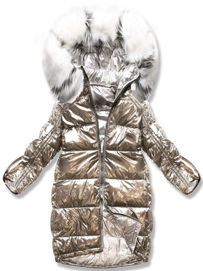 Szaro beżowa błyszcząca kurtka płaszczyk z kapturem