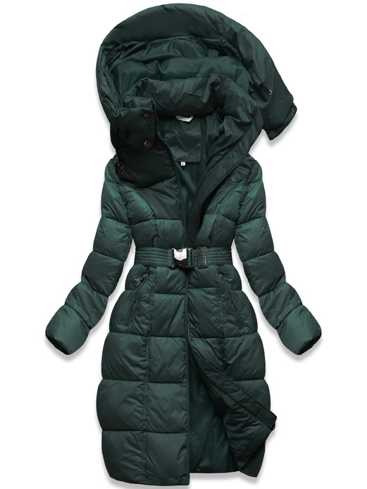 Zielona zimowa damska kurtka pikowana z paskiem 