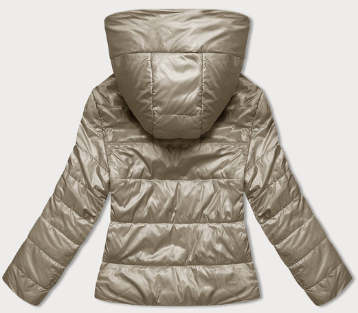 Beżowa błyszcząca przejściowa pikowana kurtka z kapturem zapinana na suwak