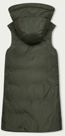 Beżowo zielony długi dwustronny damski bezrękawnik kamizelka z kapturem
